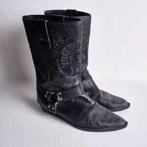 Vintage Leather Harness Cowboy Boot - Black / Size 9 Mens